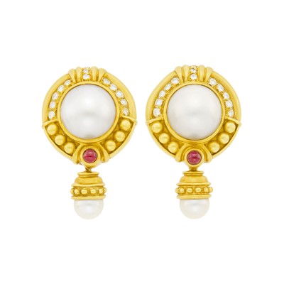 Lot 10 - Judith Ripka Pair of Gold, Mabé and Cultured Pearl, Diamond and Cabochon Ruby Pendant-Earclips
