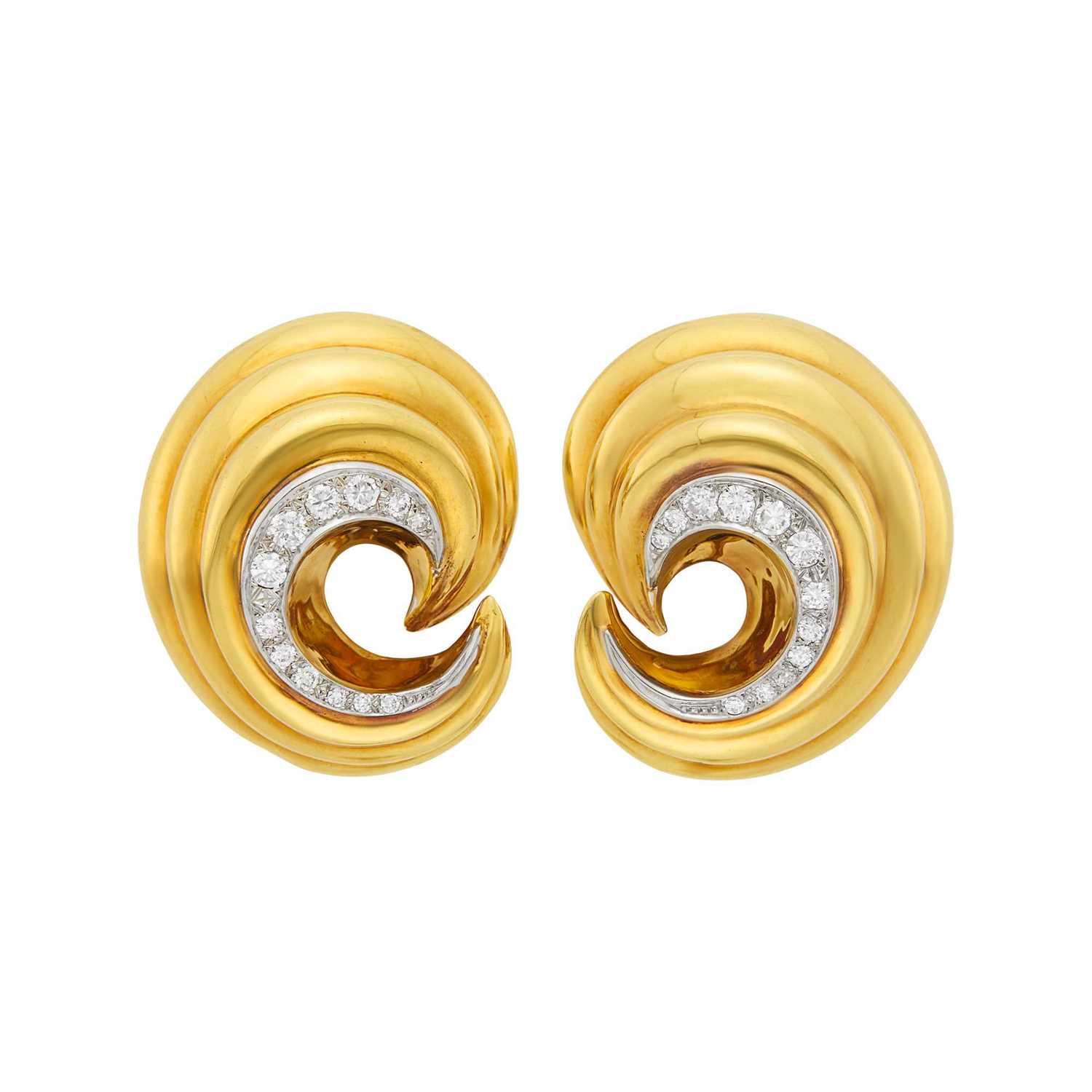 Lot 9 - Cartier Pair of Two-Color Gold and Diamond Crescent Earclips