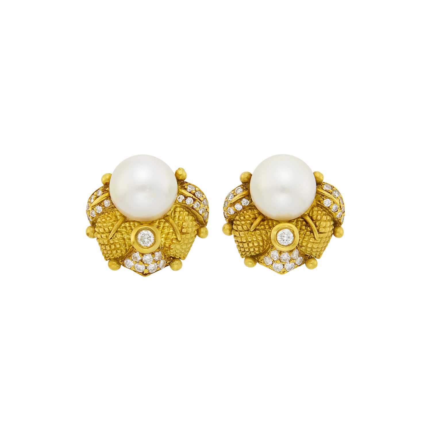 Lot 1145 - Pair of Gold, South Sea Cultured Pearl and Diamond Earclips