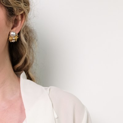 Lot 1145 - Pair of Gold, South Sea Cultured Pearl and Diamond Earclips