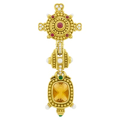 Lot 18 - Judith Ripka Gold, Cabochon Ruby and Emerald, Citrine Intaglio, Cultured Pearl and Diamond Lapel-Brooch