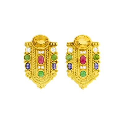 Lot 16 - Judith Ripka Pair of Gold, Colored Stone and Diamond Brooches