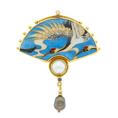 Lot 7 - Tricia Young Gold, High Karat Gold, Cloisonné Enamel, Mabé Pearl, Diamond and Brown Baroque Cultured Pearl Fan Brooch/Enhancer