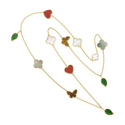 Lot 35 - Van Cleef & Arpels Long Gold Mother-of-Pearl and Hardstone 'Lucky Alhambra' Necklace, France
