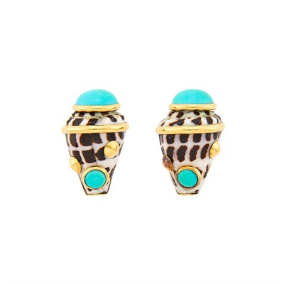 Lot 1023 - Maz Pair of Gold, Spotted Shell and Turquoise Earrings