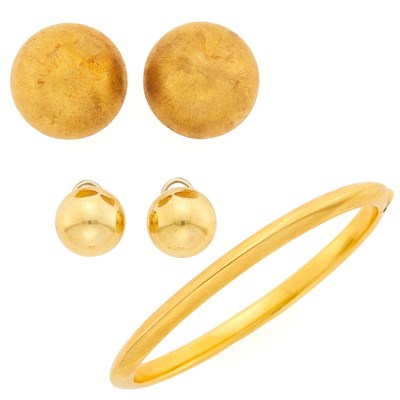 Lot 1090 - Gold Bangle Bracelet and Two Pairs of Dome Earrings
