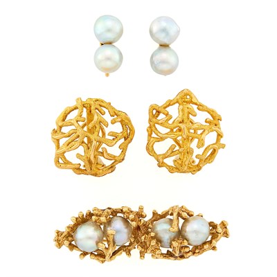 Lot 1217 - Pair of Gold Earrings, Gray Baroque Cultured Pearl Brooch and Pair of Earclips