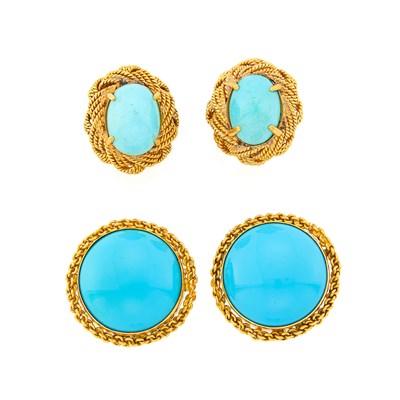 Lot 1203 - Pair of Gold and Turquoise Earrings and Reconstituted Turquoise Earrings