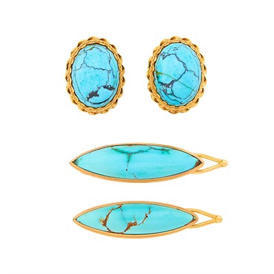 Lot 1025 - Pair of Low Karat Gold and Matrix Turquoise Barrettes and Pair of Gold and Matrix Turquoise Earrings