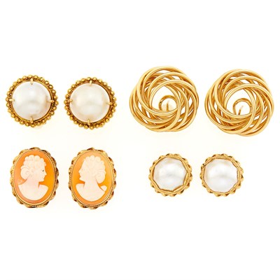 Lot 1244 - Pair of Gold Earrings, Two Pairs of Mabé Pearl Earrings and Cameo Earrings