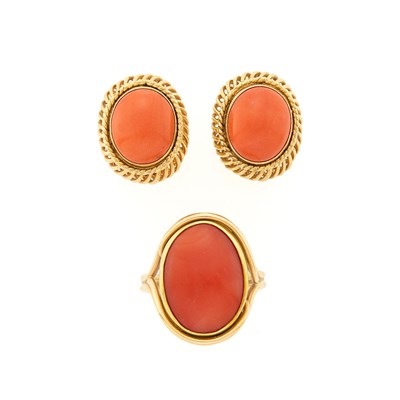 Lot 1205 - Pair of Gold and Coral Earrings and Ring