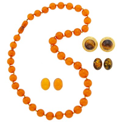 Lot 1071 - Amber Bead Necklace and Two Pairs of Earrings and Pair of Tiger's Eye Earrings