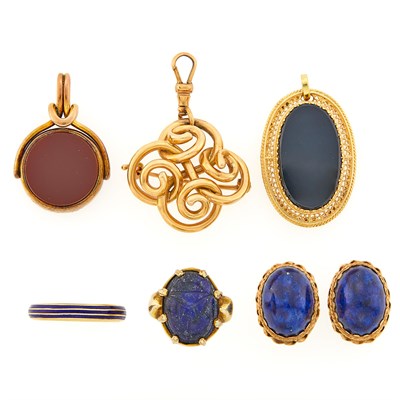 Lot 1196 - Gold Pin, Enamel Band Ring, Black Onyx Pendant, Carnelian Pendant and Pair of Lapis Earrings and Ring