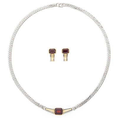 Lot 1263 - Cartier Sterling Silver, Gold and Garnet Necklace and Pair of Earrings