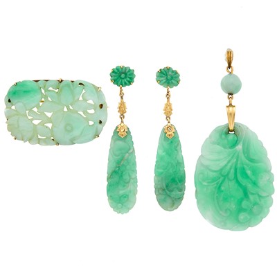 Lot 1201 - Gold, Low Karat Gold, Carved Jade Pendant, Brooch and Pair of Pendant-Earrings