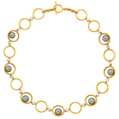 Lot 1107 - Two-Color Gold, Gray Tahitian Cultured Pearl and Diamond Necklace with Toggle Clasp