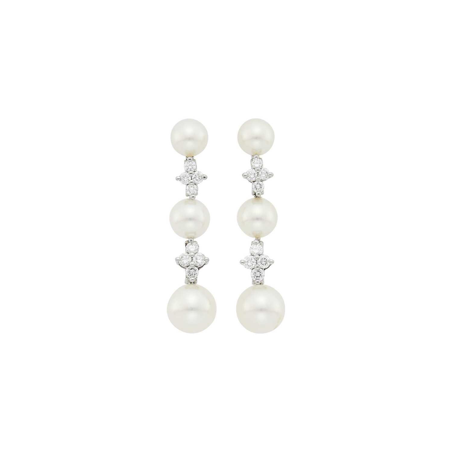 Lot 144 - Tiffany & Co. Pair of Platinum, Cultured Pearl and Diamond Pendant-Earrings