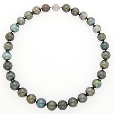 Lot 1175 - Tahitian Black Cultured Pearl Necklace with White Gold and Diamond Ball Clasp