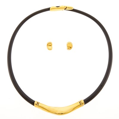 Lot 1033 - Tiffany & Co., Elsa Peretti Pair of 'Bean' Earrings and Gold and Rubber Necklace