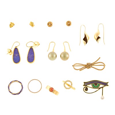 Lot 1083 - Group of High Karat Gold, Gold, Low Karat Gold, Enamel and Lapis Earrings, Rings and Brooch