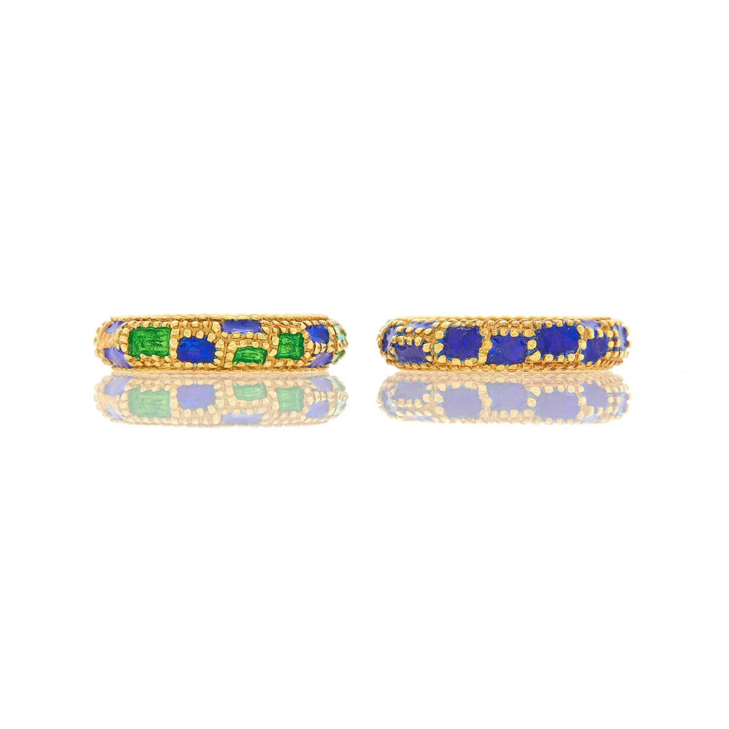 Lot 1107 - Cartier Pair of Gold and Blue and Green Enamel Band Rings