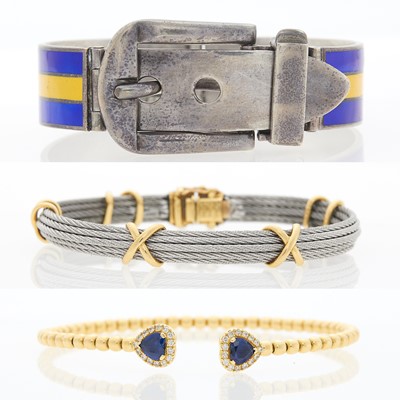 Lot 1218 - Fred Paris, Gucci Three Stainless Steel, Gold, Enamel, Sapphire and Diamond Bracelets