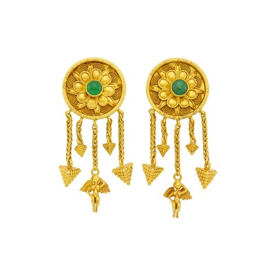 Lot 97 - Ilias Lalaounis Pair of Gold and Cabochon Emerald Fringe Earrings