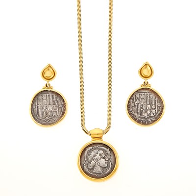 Lot 1031 - Long Gold Snake Chain Necklace with Gold and Silver Coin Pendant and Pair of Pendant-Earrings
