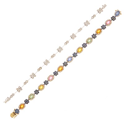 Lot 1101 - White Gold and Diamond Bracelet and Multicolored Sapphire and Diamond Bracelet