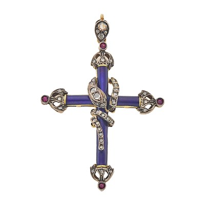 Lot 1126 - Antique Silver, Gold, Enamel and Diamond Snake Cross Pendant