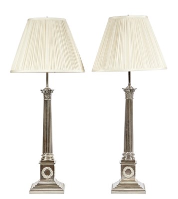 Lot 116 - Pair of Silver Plated Columnar Table Lamps...