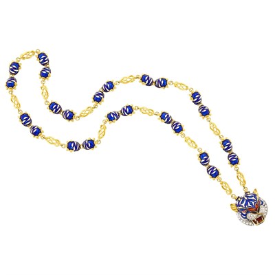Lot 20 - Frascarolo Two-Color Gold, Blue Enamel, Diamond and Ruby Tiger Head  Pendant Clip-Brooch Necklace
