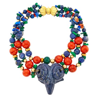 Lot 1020 - Triple Strand Gold, Hardstone Bead and Carved Ram's Head Pendant-Necklace