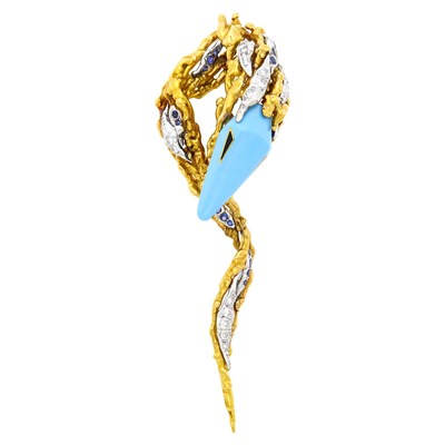 Lot 119 - Sterlé Paris Two-Color Gold, Turquoise Enamel, Diamond and Sapphire Clip-Brooch