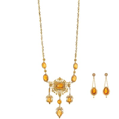 Lot 1081 - Antique Gold, Silver-Gilt and Citrine Necklace and Pair of Pendant-Earrings
