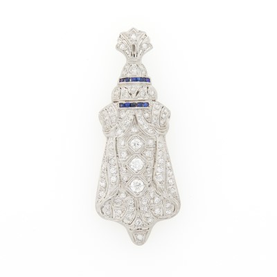 Lot 1204 - Platinum, Diamond and Synthetic Sapphire Pendant-Brooch