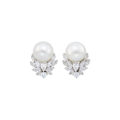 Lot 73 - Pair of White Gold, South Sea Cultured Pearl and Diamond Earclips