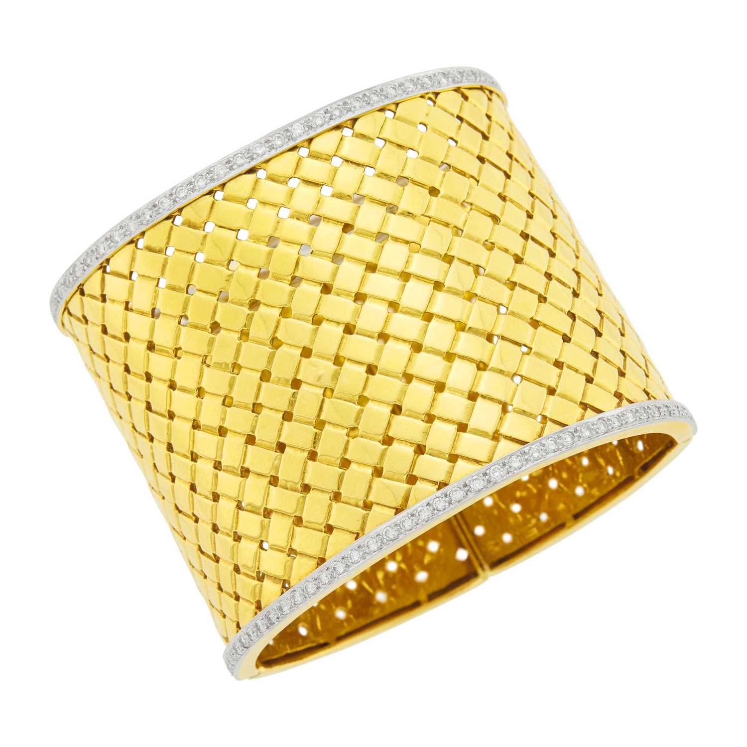 Lot 131 - Two-Color Gold and Diamond Basketweave Cuff Bangle Bracelet