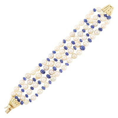 Lot 1082 - Four Strand Baroque Cultured Pearl and Sapphire Bead Torsade Bracelet with Gold Clasp