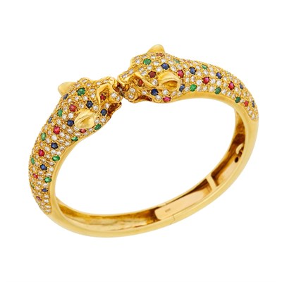 Lot 134 - Gold, Colored Stone and Diamond Double Panther Head Bangle Bracelet