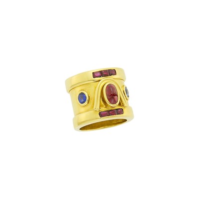 Lot 22 - Wide Gold, Ruby and Sapphire Band Ring