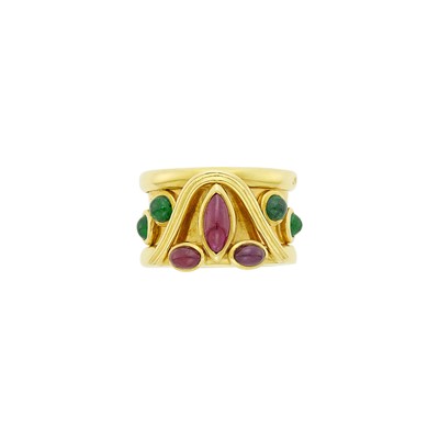 Lot 94 - Wide Gold and Cabochon Colored Stone Band Ring