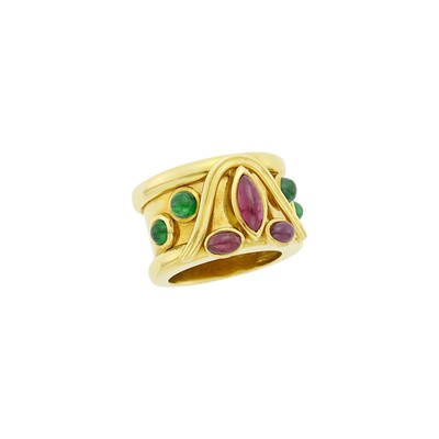 Lot 94 - Wide Gold and Cabochon Colored Stone Band Ring