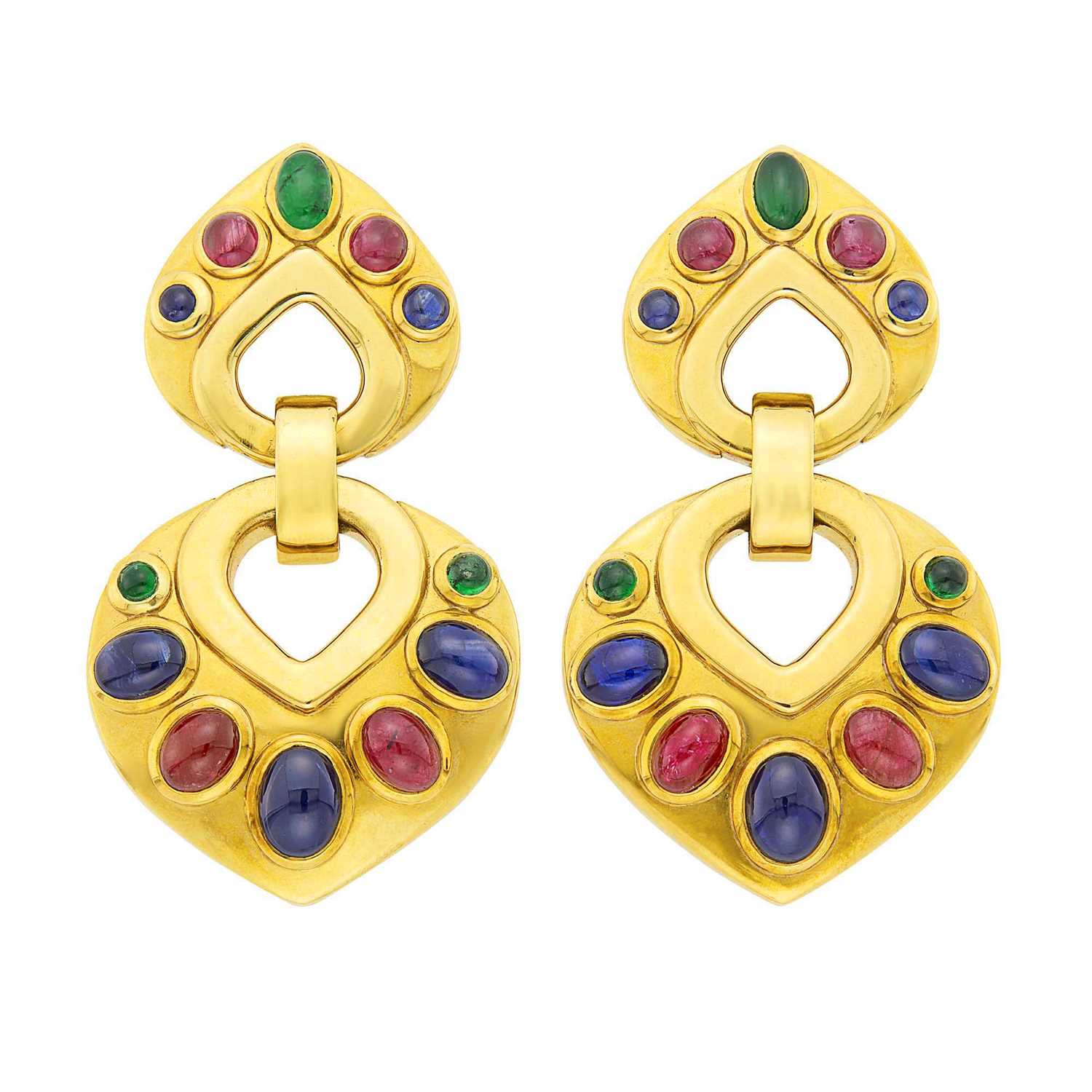 Lot 41 - Pair of Gold and Cabochon Colored Stone Pendant-Earclips