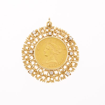 Lot 1133 - Gold, Gold Coin and Diamond Pendant