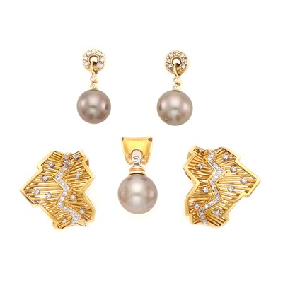 Lot 1094 - Pair of Two-Color Gold and Diamond Earrings and Gold, Diamond and Tahitian Pearl Jewelry