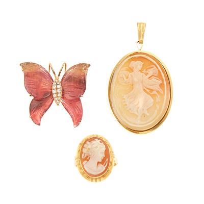 Lot 1103 - Gold, Tourmaline and Diamond Butterfly Pendant-Brooch, Cameo Ring and Pendant-Brooch