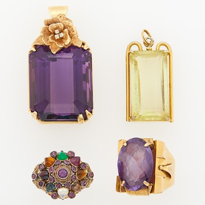 Lot 1225 - Two Gold, Metal, Colored and Simulated Stone Pendants and Two Rings