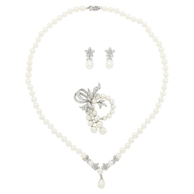 Lot 1191 - White Gold, Cultured Pearl and Diamond Brooch, Necklace and Pair of Earrings