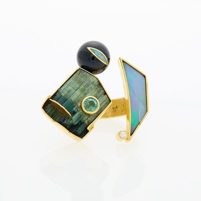 Lot 1117 - Modernist Gold, Opal, Tourmaline Crystal, Tourmaline, Black Onyx and Diamond Ring